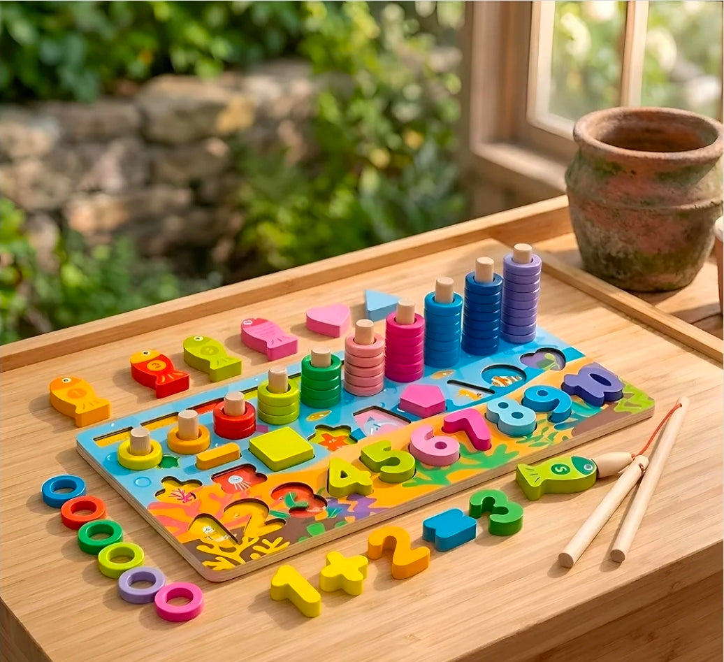 Colorful wooden puzzle with numbers and letters on a wooden table outdoors.